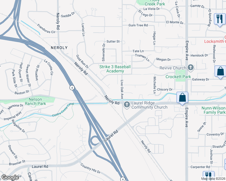 map of restaurants, bars, coffee shops, grocery stores, and more near 21 Gold Run Ct in Oakley