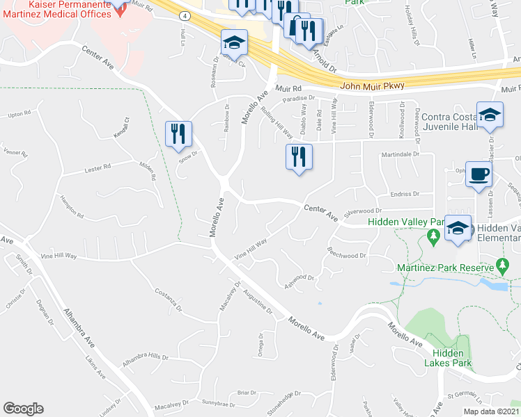 map of restaurants, bars, coffee shops, grocery stores, and more near 1342 Center Avenue in Martinez