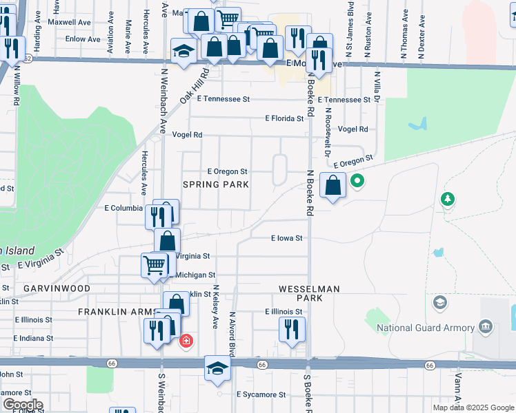 map of restaurants, bars, coffee shops, grocery stores, and more near 801 North Alvord Boulevard in Evansville