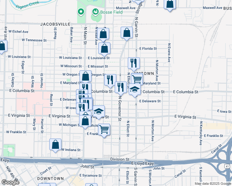 map of restaurants, bars, coffee shops, grocery stores, and more near 309 East Columbia Street in Evansville