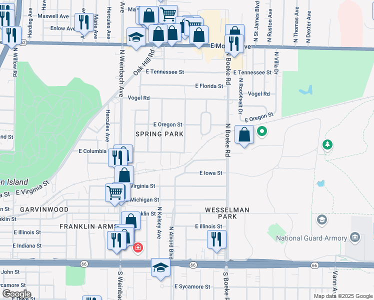 map of restaurants, bars, coffee shops, grocery stores, and more near 801 North Alvord Boulevard in Evansville
