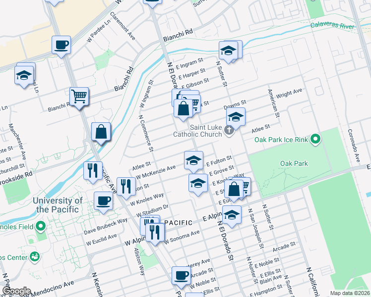 map of restaurants, bars, coffee shops, grocery stores, and more near 39 Atlee Street in Stockton