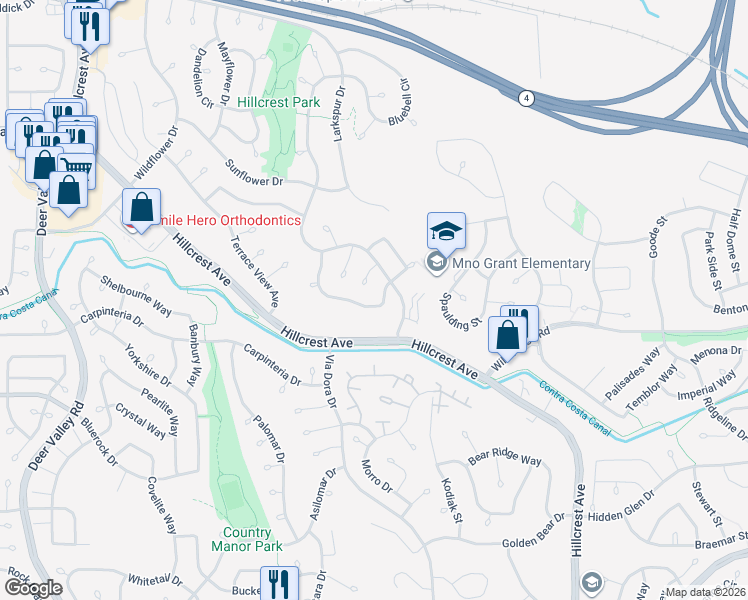 map of restaurants, bars, coffee shops, grocery stores, and more near 3531 Baywood Circle in Antioch