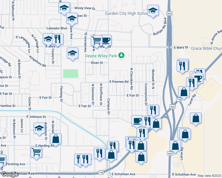 map of restaurants, bars, coffee shops, grocery stores, and more near 2105 Arapaho Drive North in Garden City