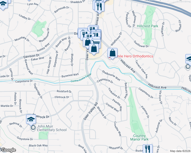 map of restaurants, bars, coffee shops, grocery stores, and more near 2341 Yorkshire Drive in Antioch