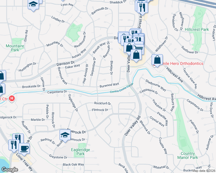 map of restaurants, bars, coffee shops, grocery stores, and more near 932 Burwood Way in Antioch
