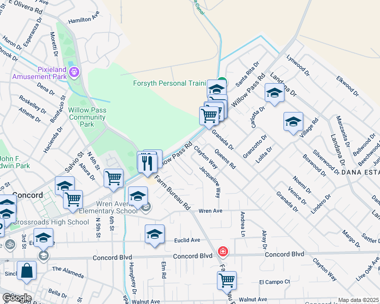 map of restaurants, bars, coffee shops, grocery stores, and more near 1905 Clayton Way in Concord
