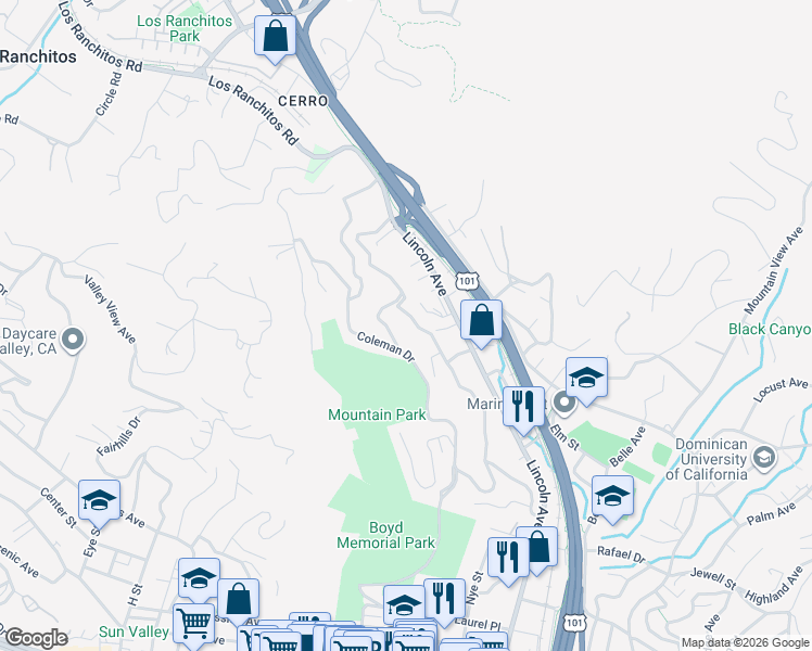 map of restaurants, bars, coffee shops, grocery stores, and more near 249 Prospect Drive in San Rafael