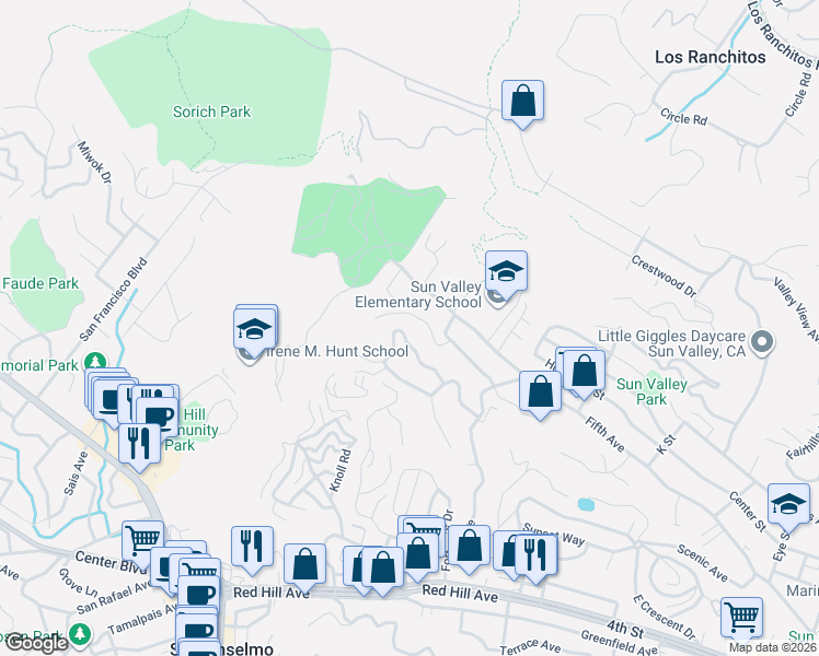map of restaurants, bars, coffee shops, grocery stores, and more near 42 Wimbledon Way in San Rafael