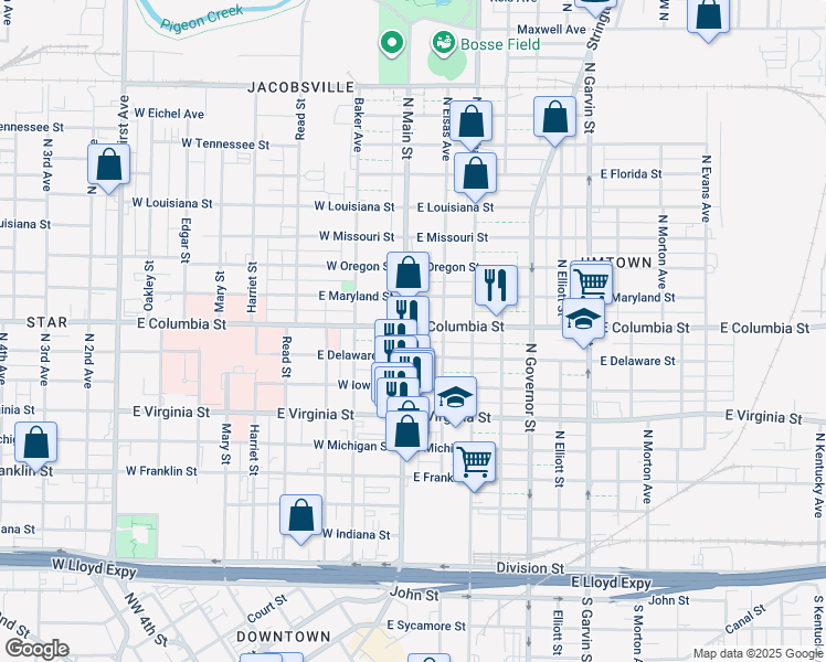 map of restaurants, bars, coffee shops, grocery stores, and more near 716 N Main St in Evansville