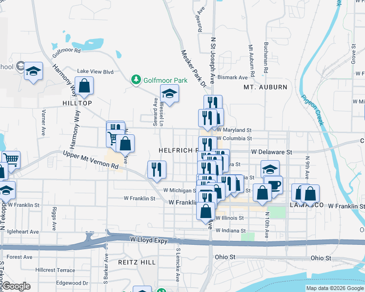 map of restaurants, bars, coffee shops, grocery stores, and more near 702 North Bell Avenue in Evansville