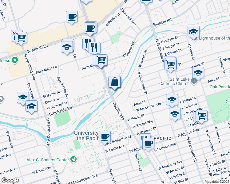 map of restaurants, bars, coffee shops, grocery stores, and more near 4950 Pacific Avenue in Stockton