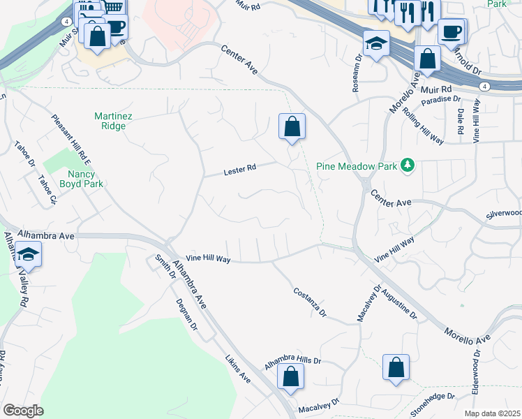 map of restaurants, bars, coffee shops, grocery stores, and more near 3071 Hampton Road in Martinez