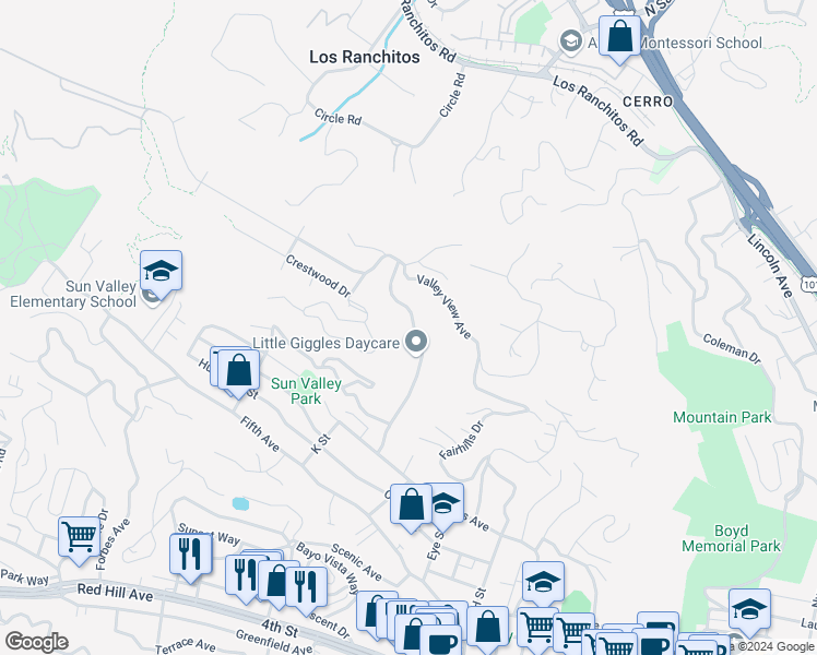 map of restaurants, bars, coffee shops, grocery stores, and more near 105 Elizabeth Way in San Rafael