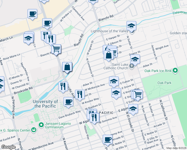 map of restaurants, bars, coffee shops, grocery stores, and more near 79 Barrymore Street in Stockton