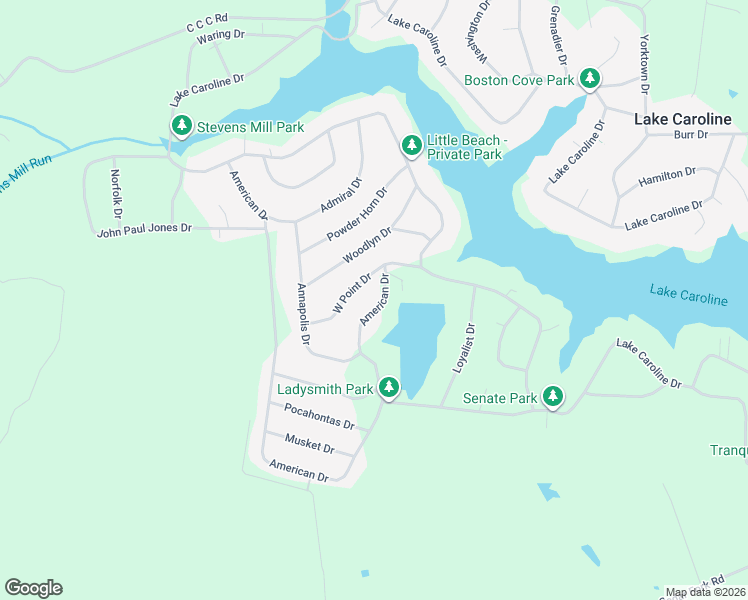 map of restaurants, bars, coffee shops, grocery stores, and more near 102 American Drive in Ruther Glen