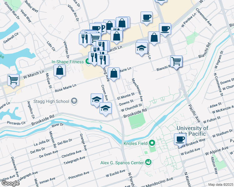 map of restaurants, bars, coffee shops, grocery stores, and more near 4215 North Pershing Avenue in Stockton