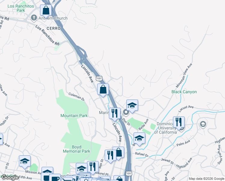 map of restaurants, bars, coffee shops, grocery stores, and more near 1780 Grand Avenue in San Rafael