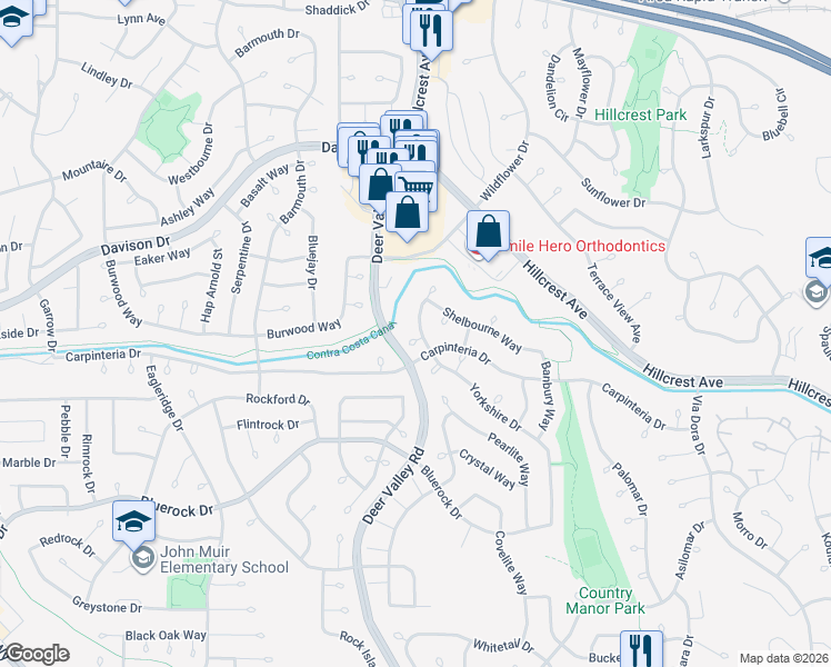 map of restaurants, bars, coffee shops, grocery stores, and more near 2341 Yorkshire Drive in Antioch