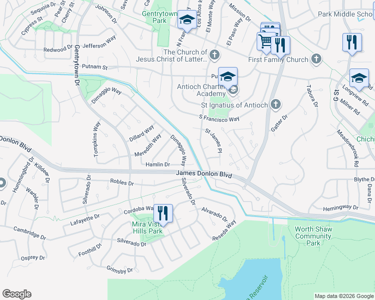 map of restaurants, bars, coffee shops, grocery stores, and more near 3713 Dimaggio Way in Antioch