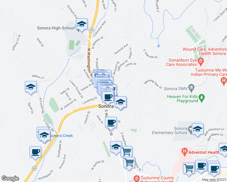 map of restaurants, bars, coffee shops, grocery stores, and more near 104 Barretta Street in Sonora