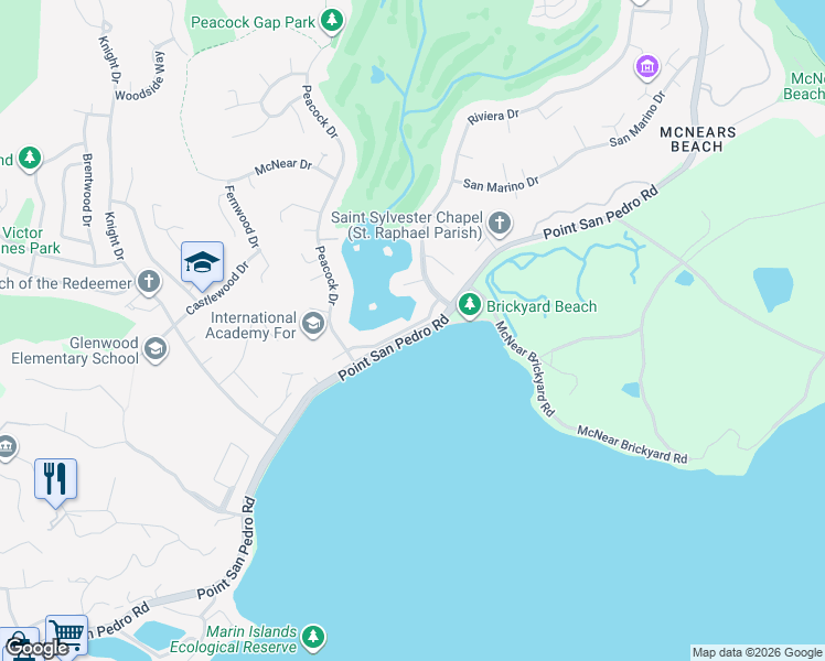 map of restaurants, bars, coffee shops, grocery stores, and more near 34 Lagoon Road in San Rafael