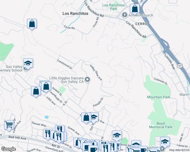 map of restaurants, bars, coffee shops, grocery stores, and more near 25 Valley View Avenue in San Rafael