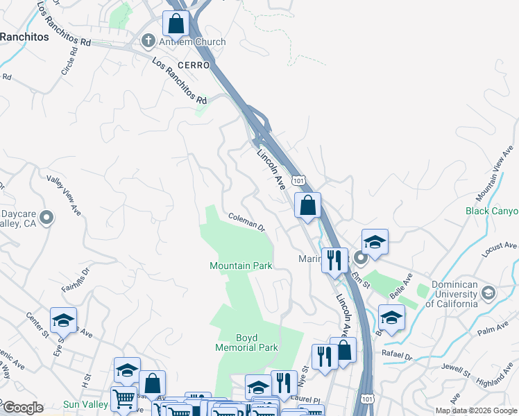 map of restaurants, bars, coffee shops, grocery stores, and more near 249 Prospect Drive in San Rafael