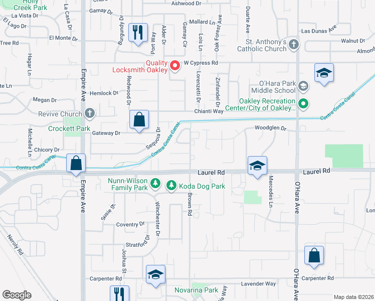 map of restaurants, bars, coffee shops, grocery stores, and more near 1534 Larkspur Court in Oakley