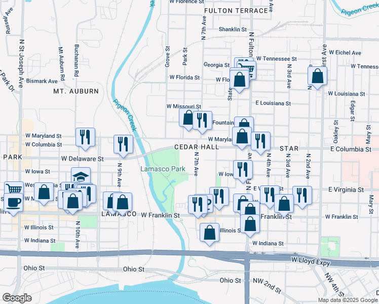 map of restaurants, bars, coffee shops, grocery stores, and more near 1512 West Columbia Street in Evansville