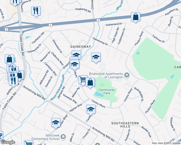 map of restaurants, bars, coffee shops, grocery stores, and more near 1113 Centre Parkway in Lexington