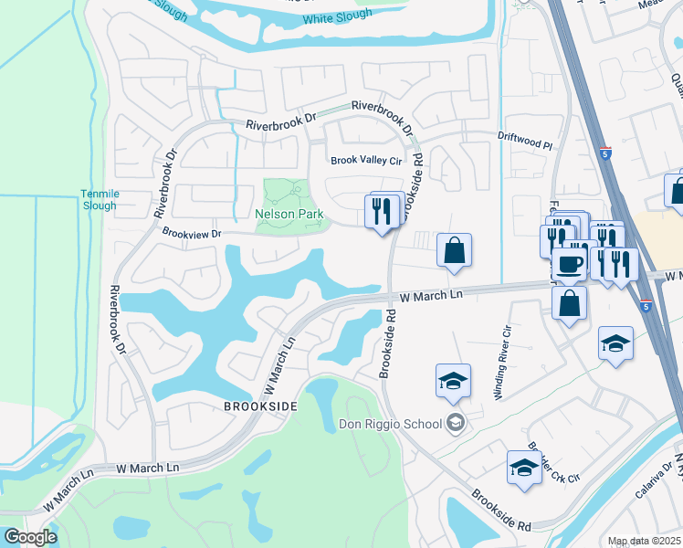 map of restaurants, bars, coffee shops, grocery stores, and more near 3425 Brookside Rd in Stockton
