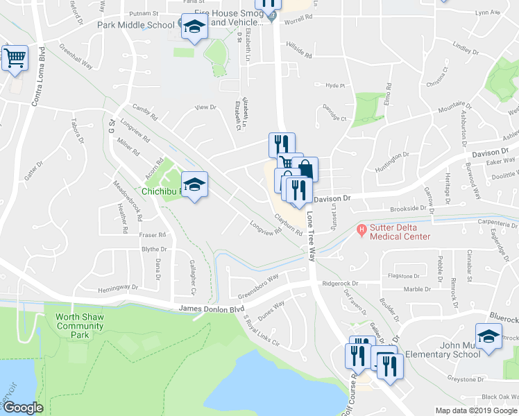 map of restaurants, bars, coffee shops, grocery stores, and more near 3530 Camby Rd in Antioch