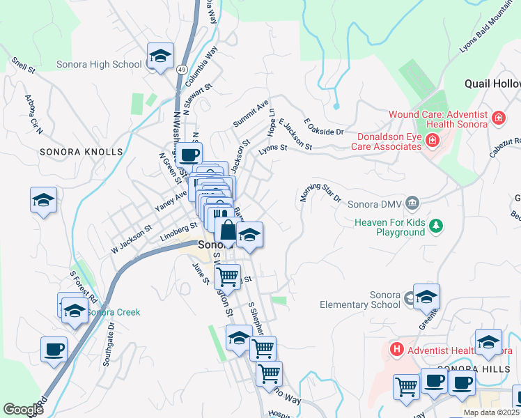 map of restaurants, bars, coffee shops, grocery stores, and more near 160 East Dodge Lane in Sonora