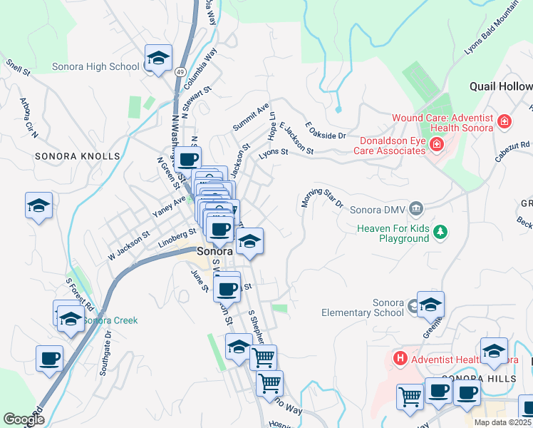 map of restaurants, bars, coffee shops, grocery stores, and more near 160 East Dodge Lane in Sonora