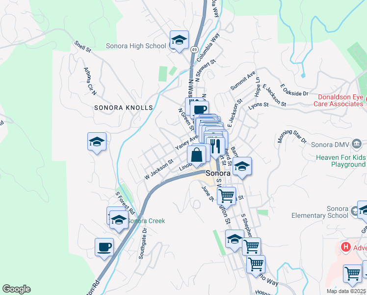 map of restaurants, bars, coffee shops, grocery stores, and more near 94 W Jackson St in Sonora