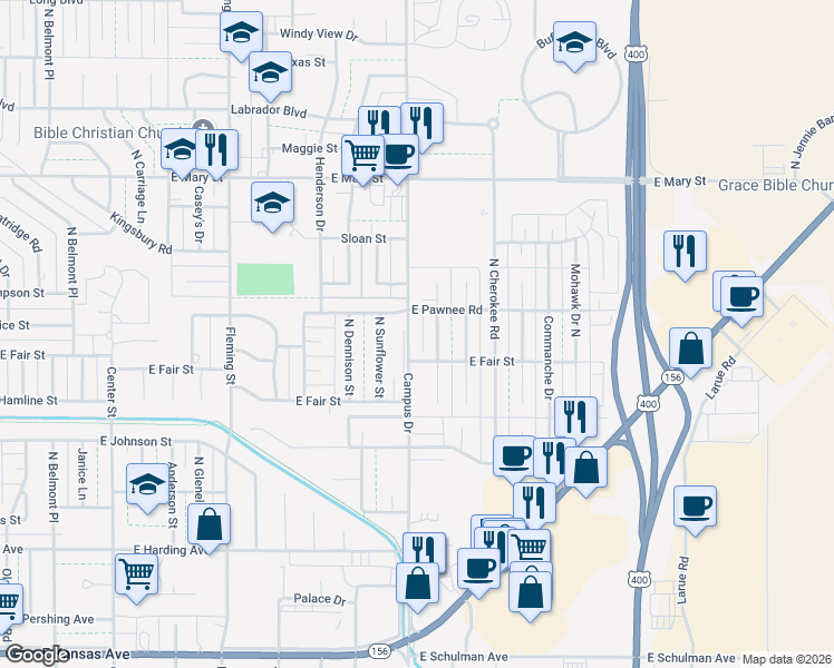 map of restaurants, bars, coffee shops, grocery stores, and more near 2105 Arapaho Drive North in Garden City