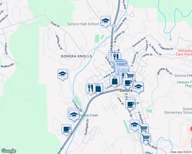map of restaurants, bars, coffee shops, grocery stores, and more near 50 Oak Street in Sonora