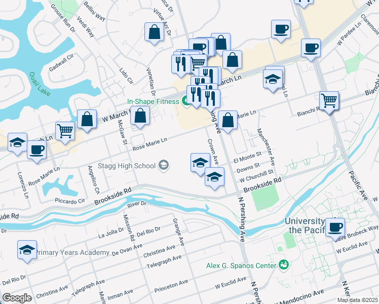 map of restaurants, bars, coffee shops, grocery stores, and more near 1621 Brookside Road in Stockton