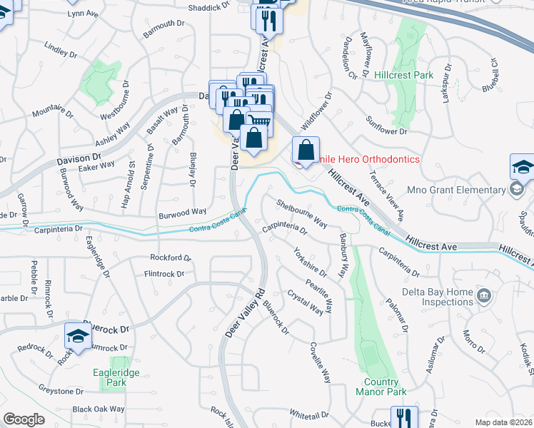 map of restaurants, bars, coffee shops, grocery stores, and more near 2341 Yorkshire Drive in Antioch