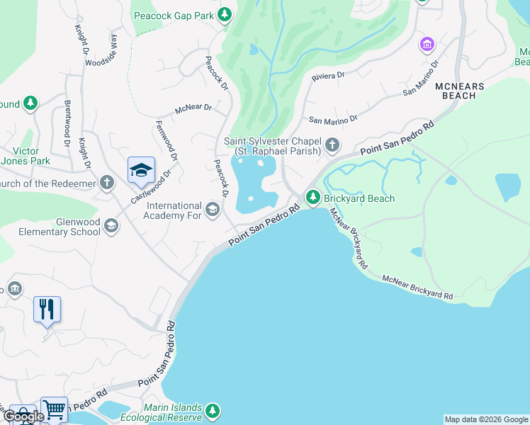 map of restaurants, bars, coffee shops, grocery stores, and more near 34 Lagoon Road in San Rafael