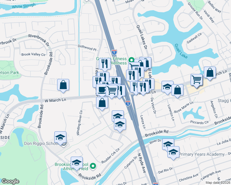 map of restaurants, bars, coffee shops, grocery stores, and more near 2793 West March Lane in Stockton