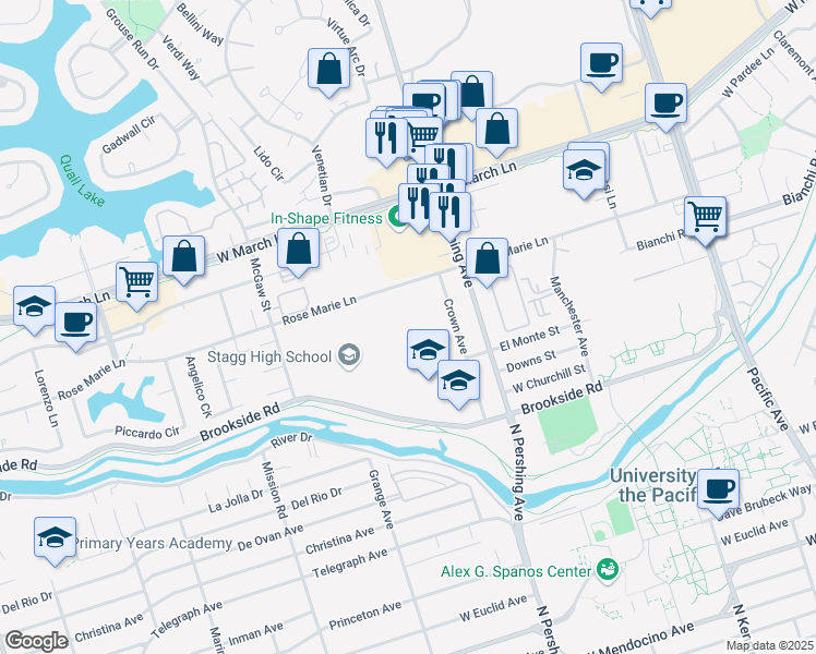 map of restaurants, bars, coffee shops, grocery stores, and more near 1621 Brookside Road in Stockton