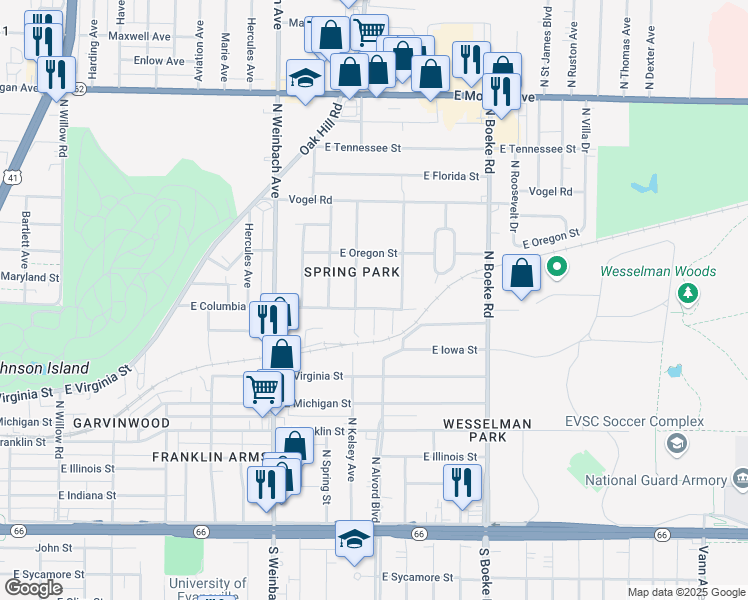 map of restaurants, bars, coffee shops, grocery stores, and more near 2152 East Columbia Street in Evansville
