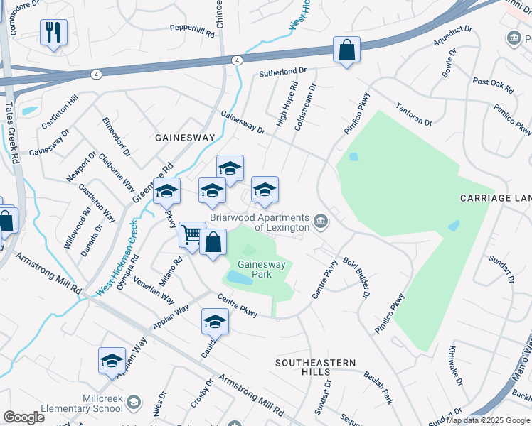 map of restaurants, bars, coffee shops, grocery stores, and more near 1111 Centre Parkway in Lexington