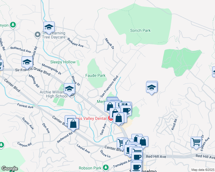 map of restaurants, bars, coffee shops, grocery stores, and more near 141 San Francisco Boulevard in San Anselmo