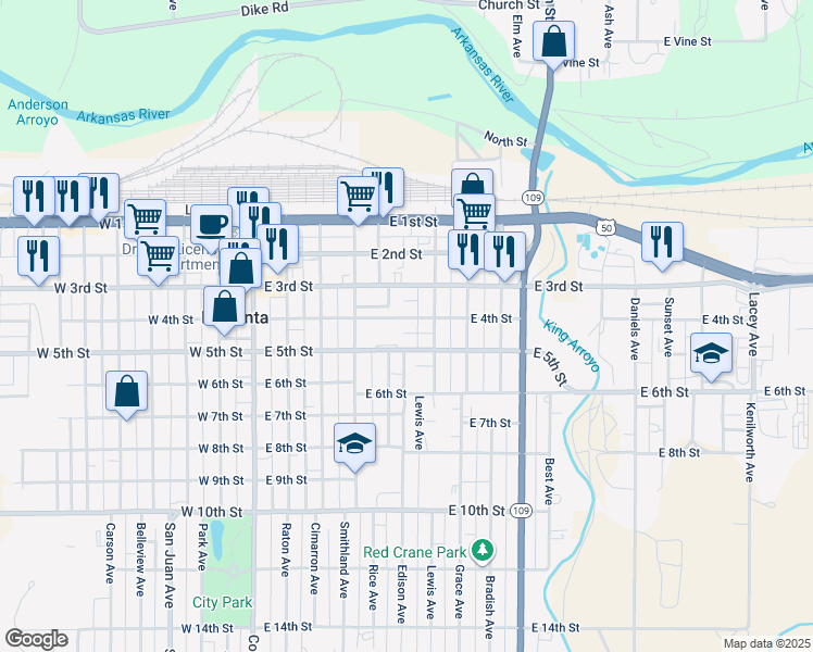 map of restaurants, bars, coffee shops, grocery stores, and more near 502 East 4th Street in La Junta