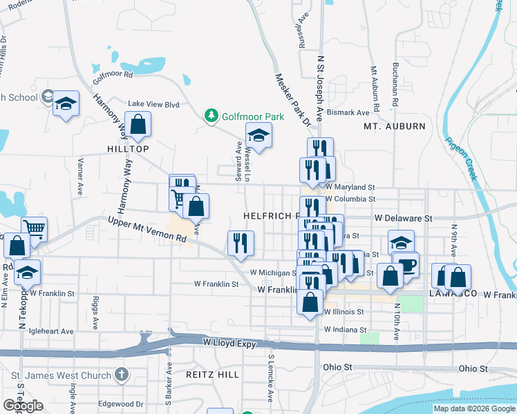 map of restaurants, bars, coffee shops, grocery stores, and more near 2611 West Delaware Street in Evansville