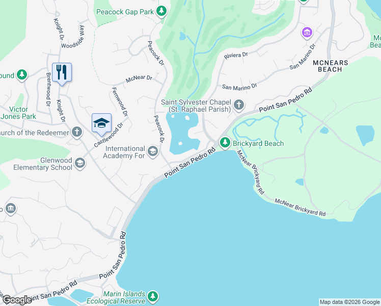 map of restaurants, bars, coffee shops, grocery stores, and more near 34 Lagoon Road in San Rafael