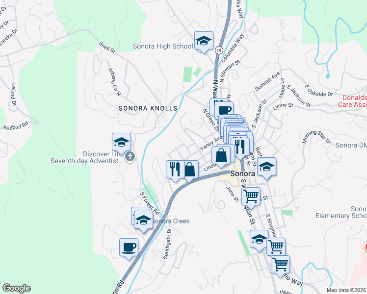 map of restaurants, bars, coffee shops, grocery stores, and more near 78 Oak Street in Sonora